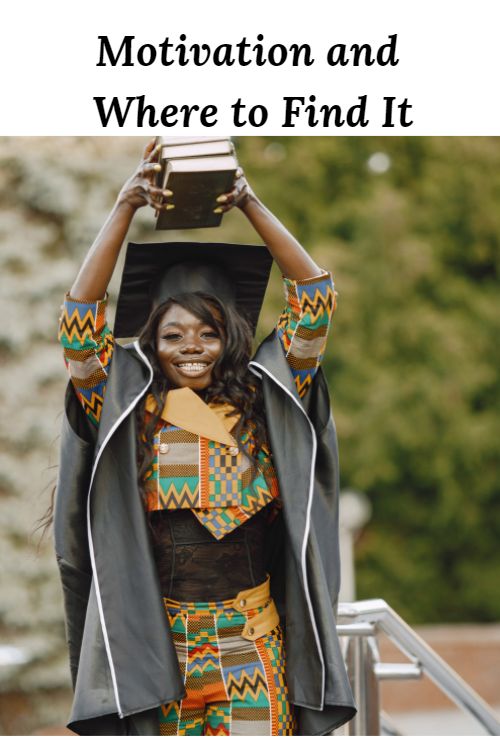 Happy African American woman with books and the words Motivation and Where to Find It