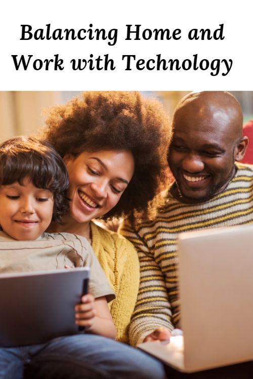 African American family using laptops and the words "Balancing Home and Work with Technology"