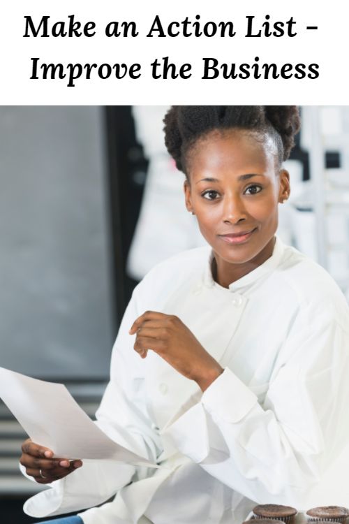 African American woman with a sheet of paper and the words "It is thrilling to spring into action and improve the business by creating an improvement action list. One of the worst things a business owner can do is get complacent."