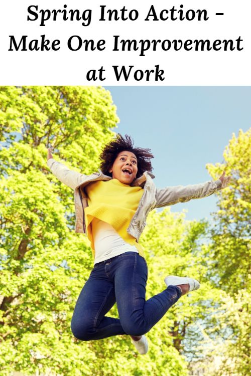 African American woman jumping into the air among the trees and clouds "Spring Into Action - Make One Improvement at Work"