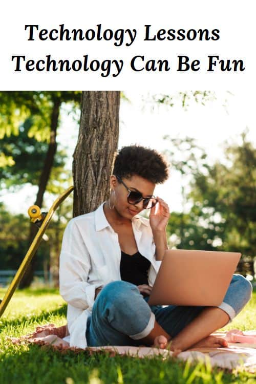 African American woman sitting outside using a computer and the words Technology Lessons Technology Can Be Fun"