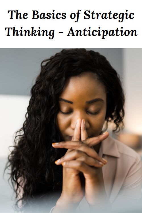 African American woman thinking and the words "The Basics of Strategic Thinking Anticipation"