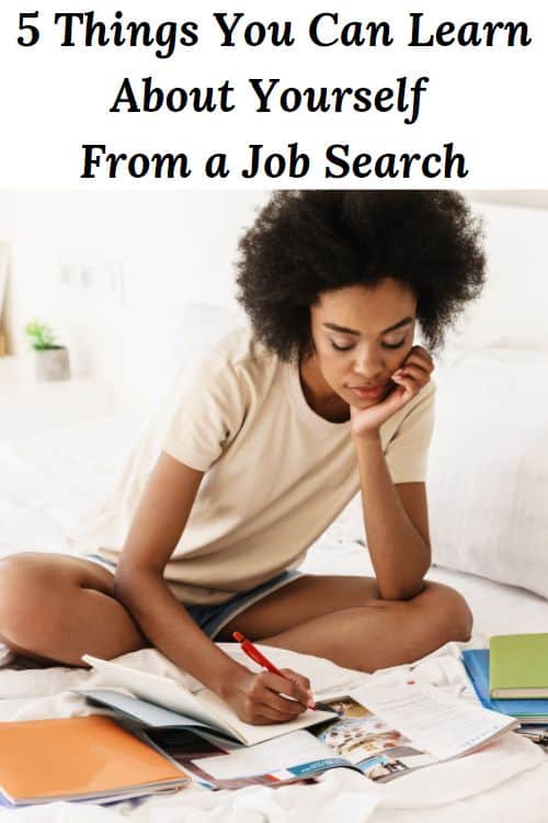 African American woman with books studying and the words "5 Things You Can Learn About Yourself From a Job Search"