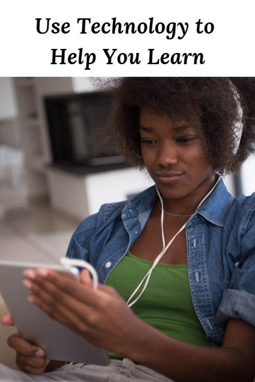 African American woman with earphones and a tablet device and the words "Use Technology to Help You Learn"