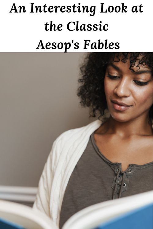 African American woman reading a book with the words "An Interesting Look at the Classic - Aesop's Fables"