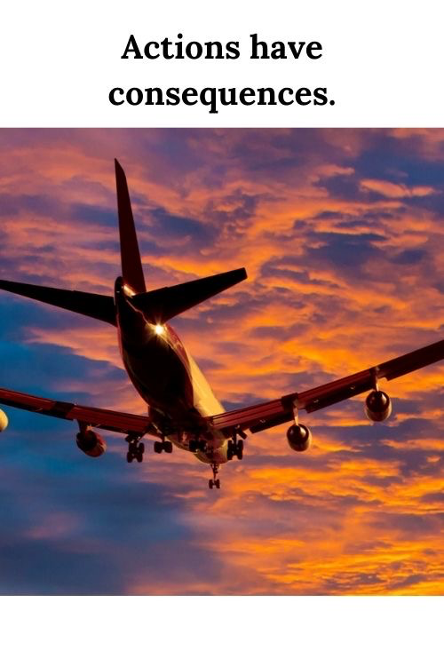 Airplane in a sunset sky and the words actions have consequences - lessons for entrepreneurs