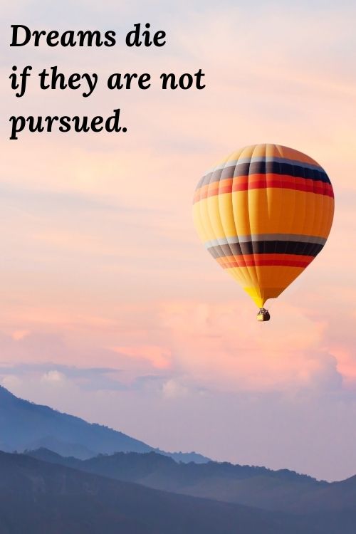 picture of hot air balloon in the clouds and the words "Dreams die if they are not pursued."