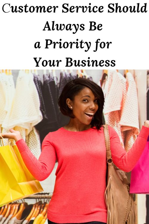 African -American woman with shopping bags and the words "Customer Service Should Always Be a Priority for Your Business"
